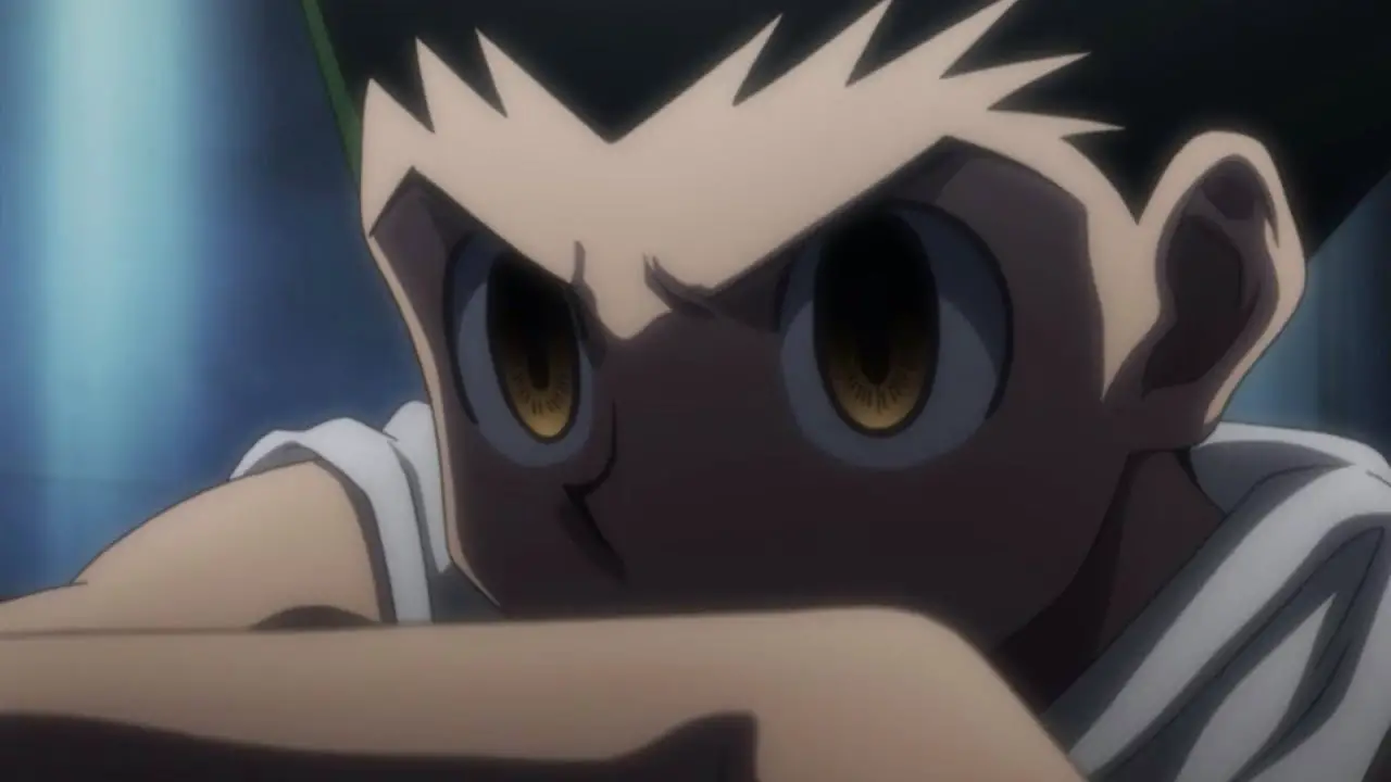 Gon with a serious face facing a chimera ant
