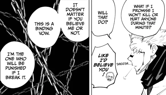 Sukuna and Itadori discussing about their binding vow in jujutsu kaisen manga