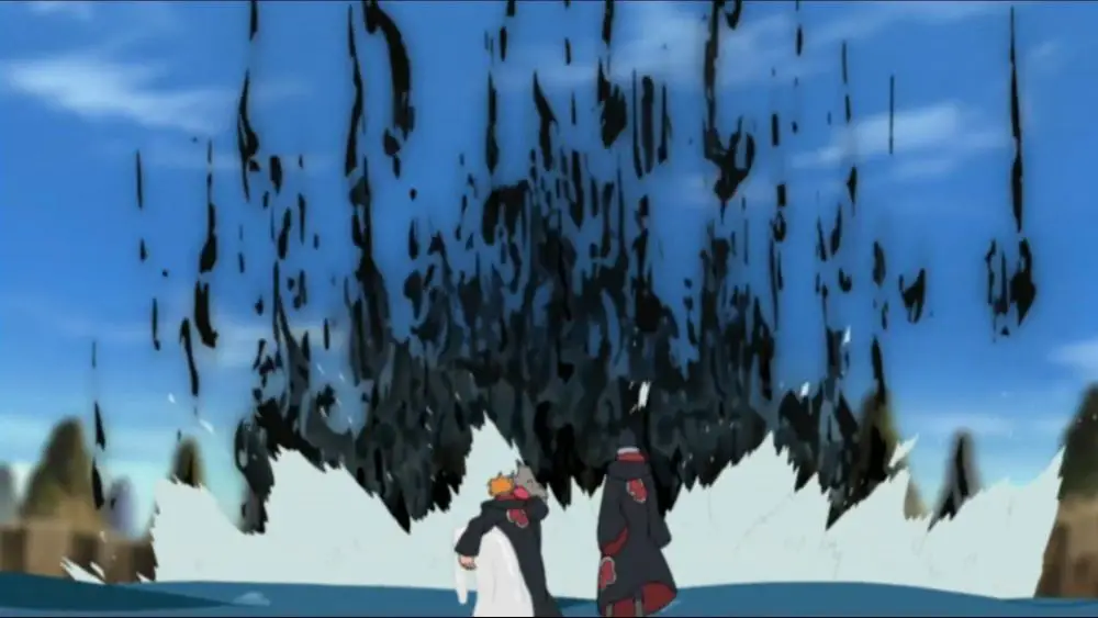 Sasuke and Jugo wearing Akatsuki clothes with Amaterasu's black flames in the background.