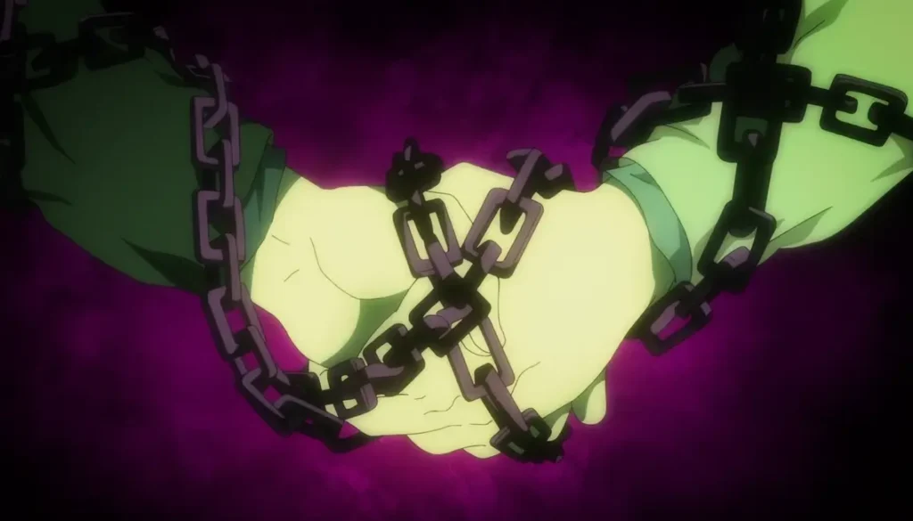 a representation of a binding vow in jujutsu kaisen with two chained hands