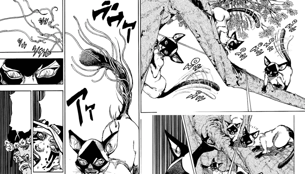 manga panels with cats using their stand 'cats size' against the JoJolands crew