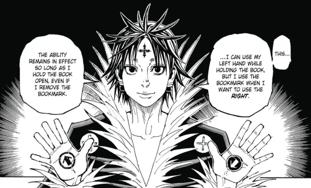 Chrollo with tattoos on his left and right hand symbolizing his ability Convert Hands