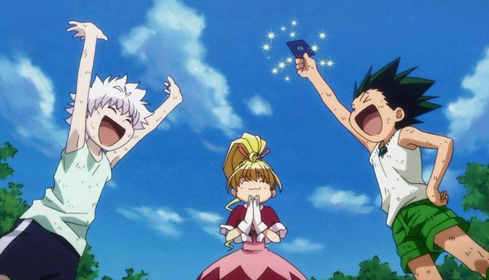 bisky, Gon and Killua celebrating a new card, in greed island