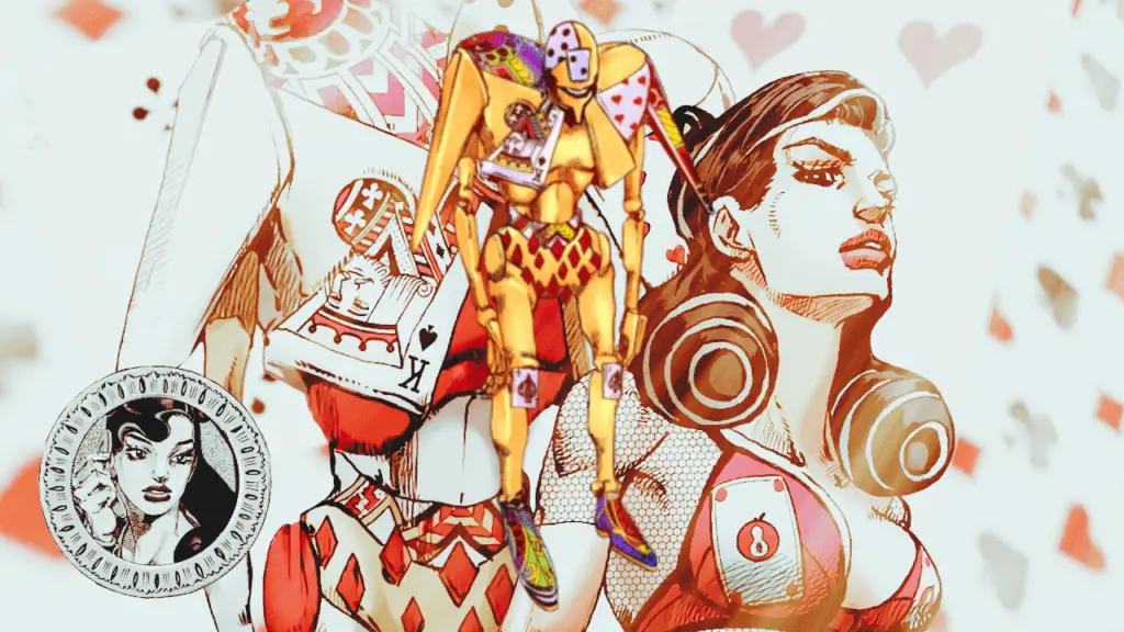 Space Trucking from Jojolion, yellow humanoid stand with cards on its body, and in the background Kaato Higashikata