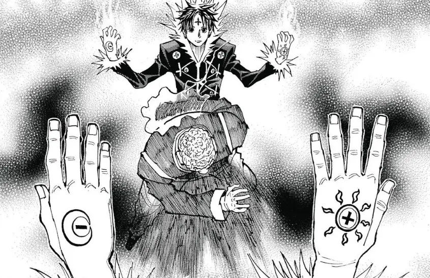 chrollo's ability sun and moon, chrollo with a tattoo/mark of a moon in his left hand and a sun in the right hand