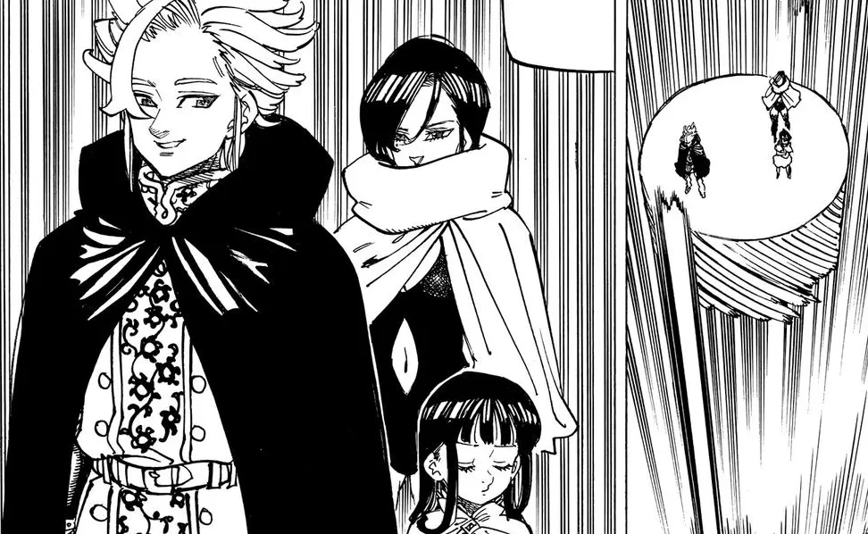 manga panel of Arthur, Merlin and Guinevere in camelot in nanatrsu no taizai