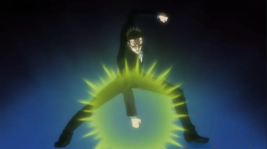 Leorio punching the ground to activate his nen ability